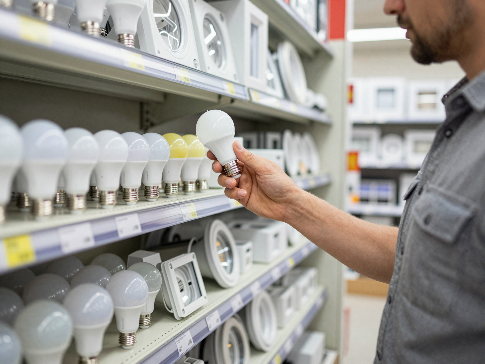 Homeowner selecting LED bulbs and light fixtures